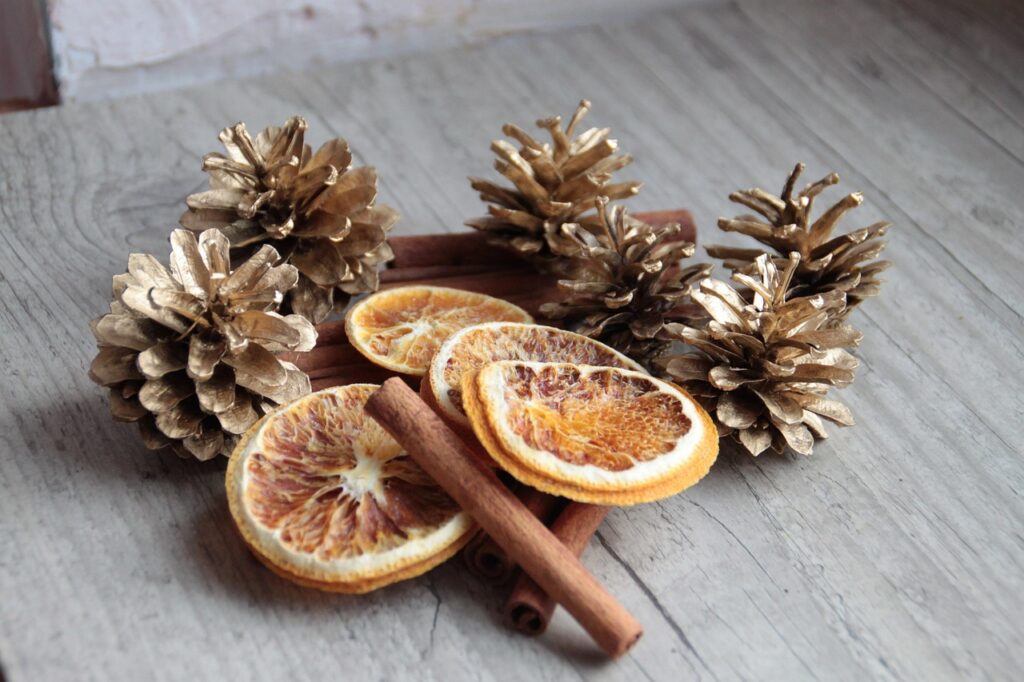 pine cone, golden, christmas, festive, winter, decorative, decoration, ornament, forest, orange, dried, cinnamon, gold, nature, season, december, christmas eve, festival, spice